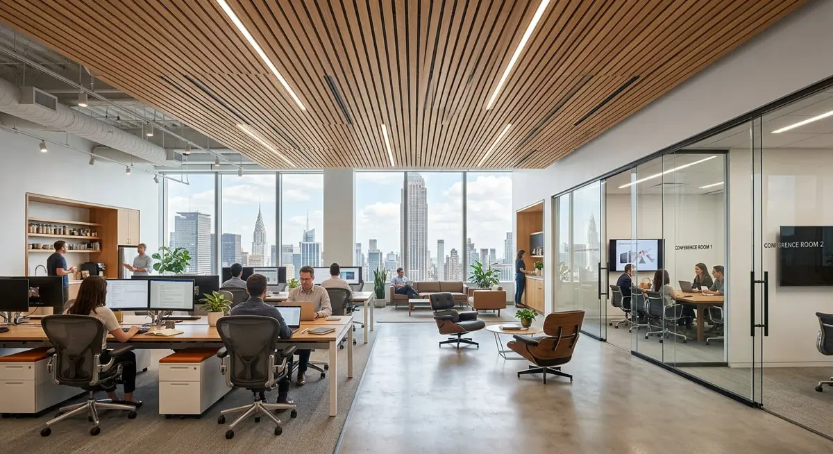 Completed open-plan Midtown office with glass conference rooms, wood slat ceiling, and a view of the Empire State Building
