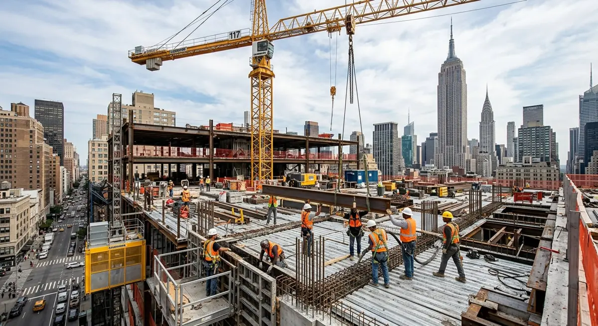 Construction crew in hard hats working on a concrete deck beneath a tower crane, with the Empire State Building on the skyline