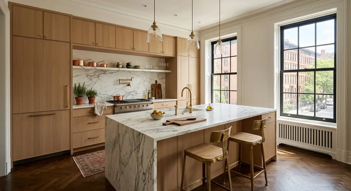 Remodeled pre-war apartment kitchen with white oak cabinets, a marble island, and brass fixtures
