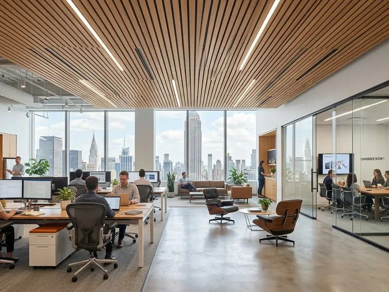 Open office with glass meeting rooms and wood slat ceiling overlooking the Empire State Building