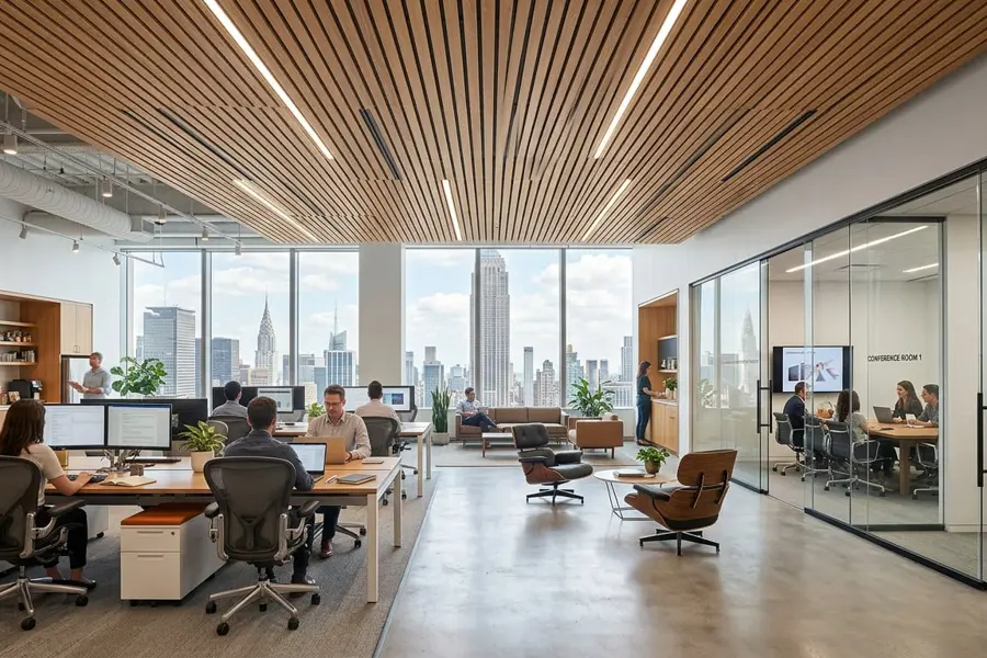 Open office with glass meeting rooms and wood slat ceiling overlooking the Empire State Building