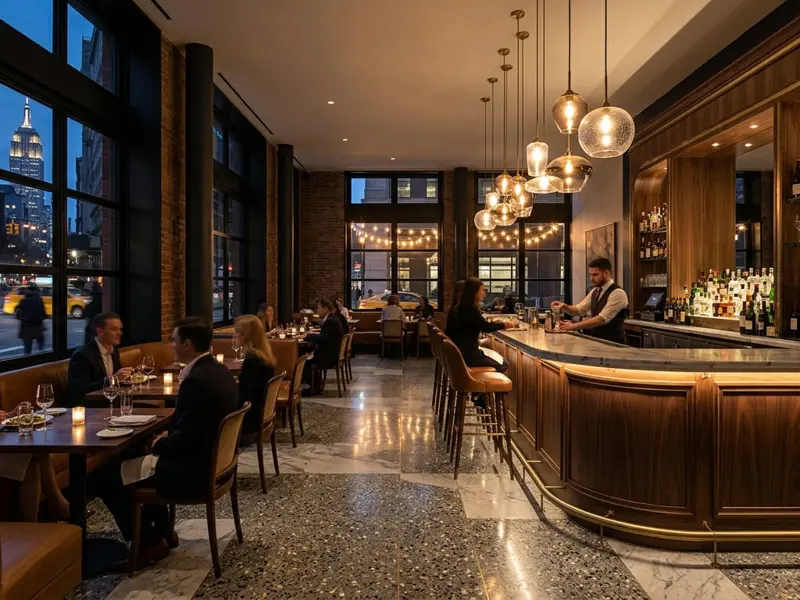 Remodeled restaurant with a curved walnut bar, glass pendant lights, and terrazzo floors