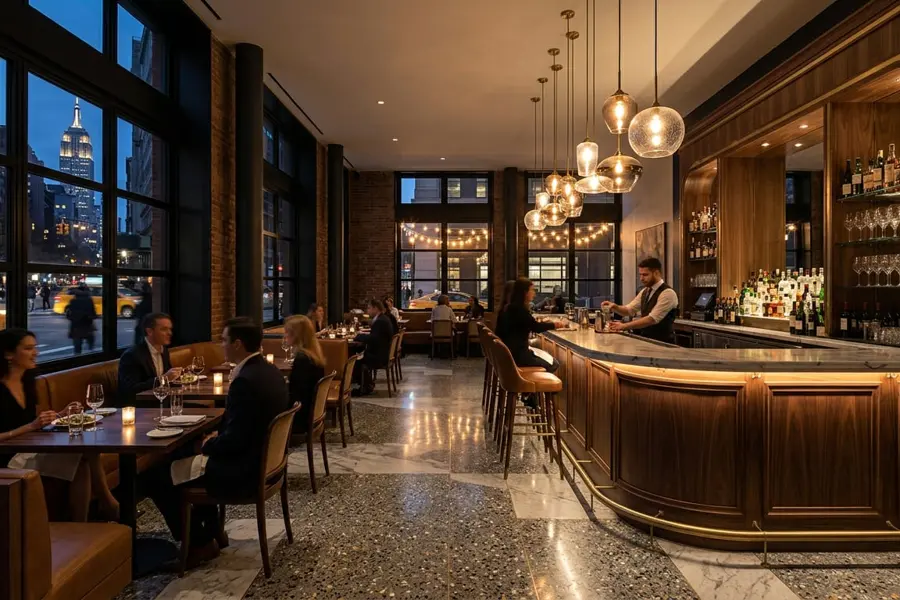 Remodeled restaurant with a curved walnut bar, glass pendant lights, and terrazzo floors