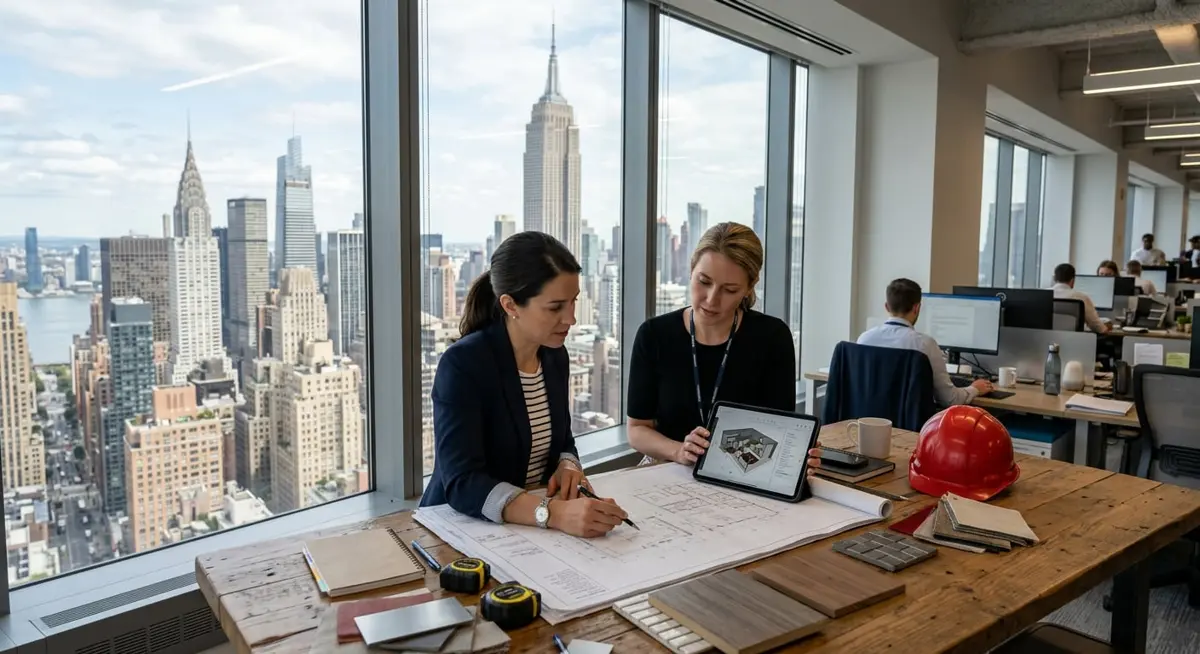 Construction consultants reviewing blueprints and a tablet beside a hard hat, overlooking Manhattan and the Empire State Building