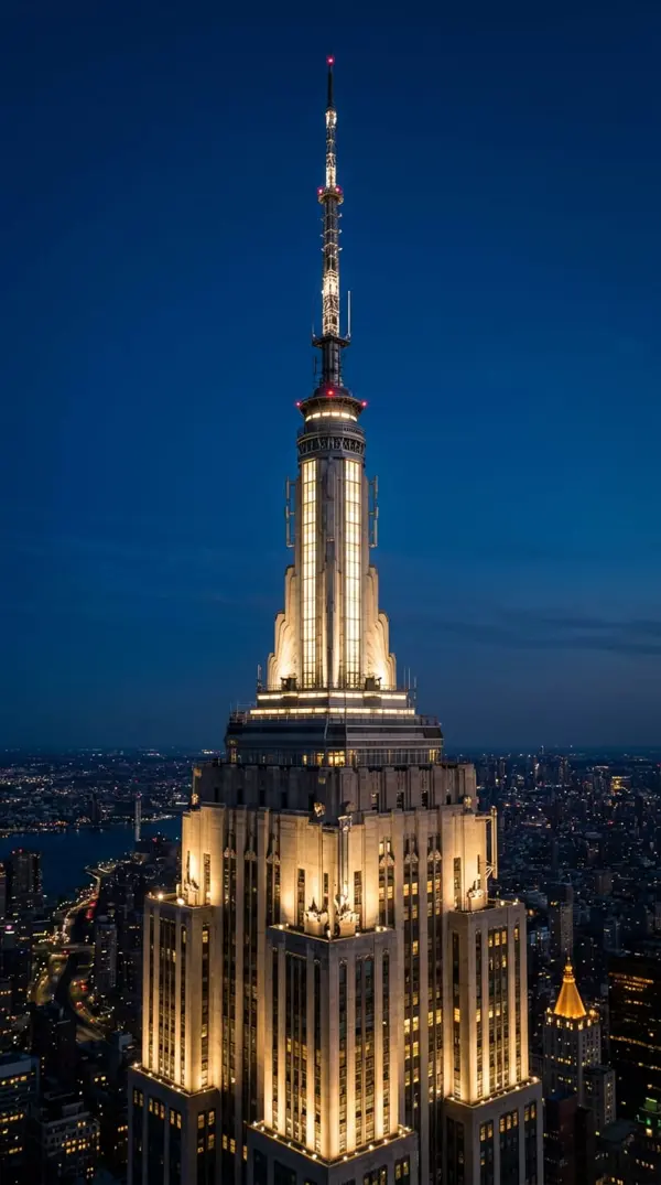 The illuminated Art Deco spire of the Empire State Building at dusk