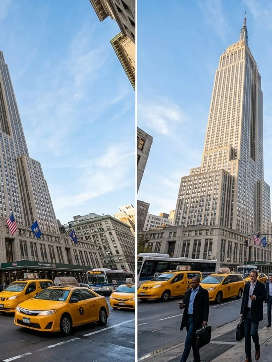 Looking up at the Empire State Building from Fifth Avenue with yellow taxis below