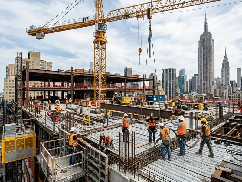 Crew in safety gear on a concrete deck with a tower crane and the Empire State Building beyond