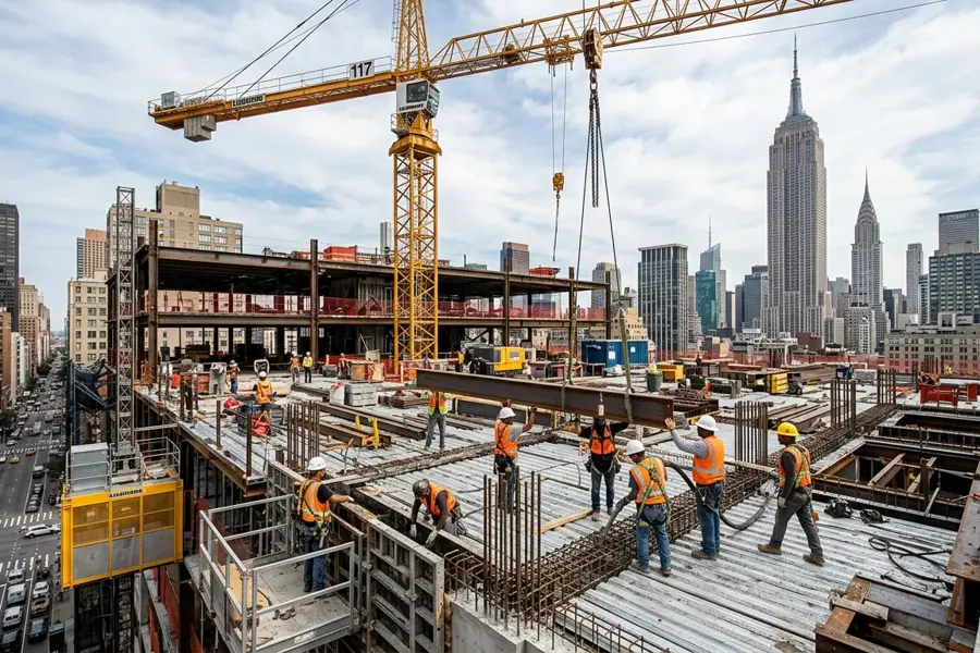 Crew in safety gear on a concrete deck with a tower crane and the Empire State Building beyond