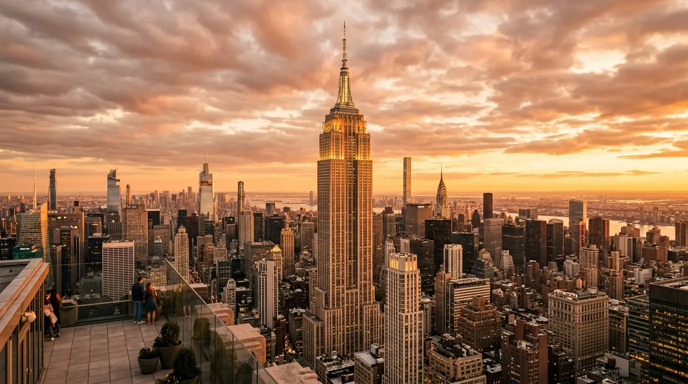 The Empire State Building rising above the Manhattan skyline at sunset