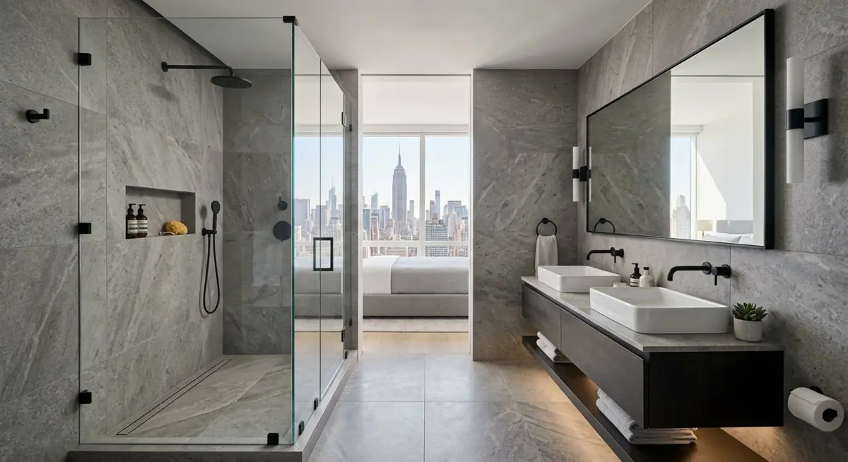 Modern remodeled bathroom with stone tile, a glass walk-in shower, and a floating double vanity