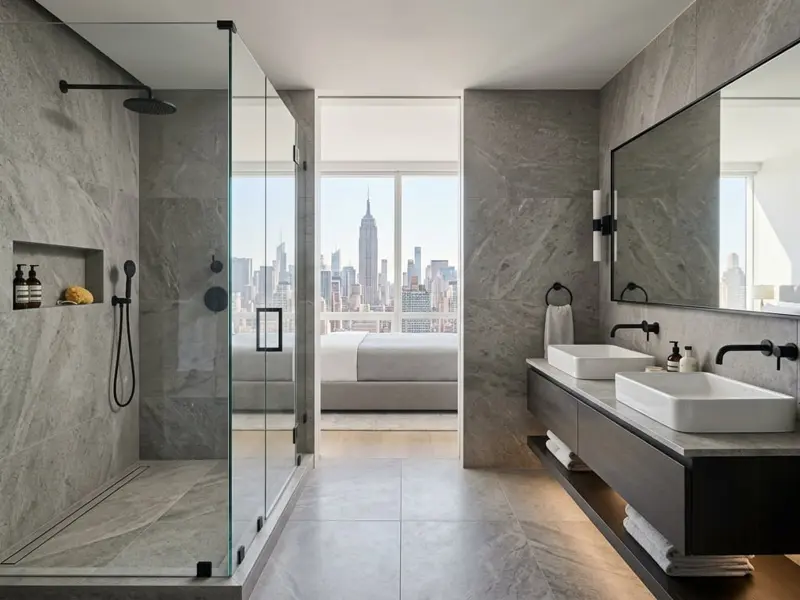 Bathroom with large-format stone tile, frameless glass shower, and floating double vanity