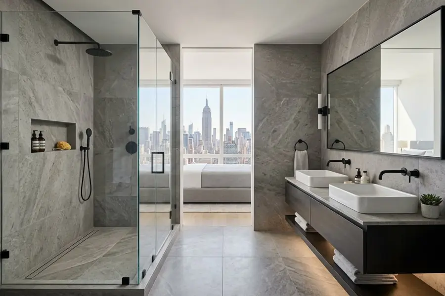 Bathroom with large-format stone tile, frameless glass shower, and floating double vanity
