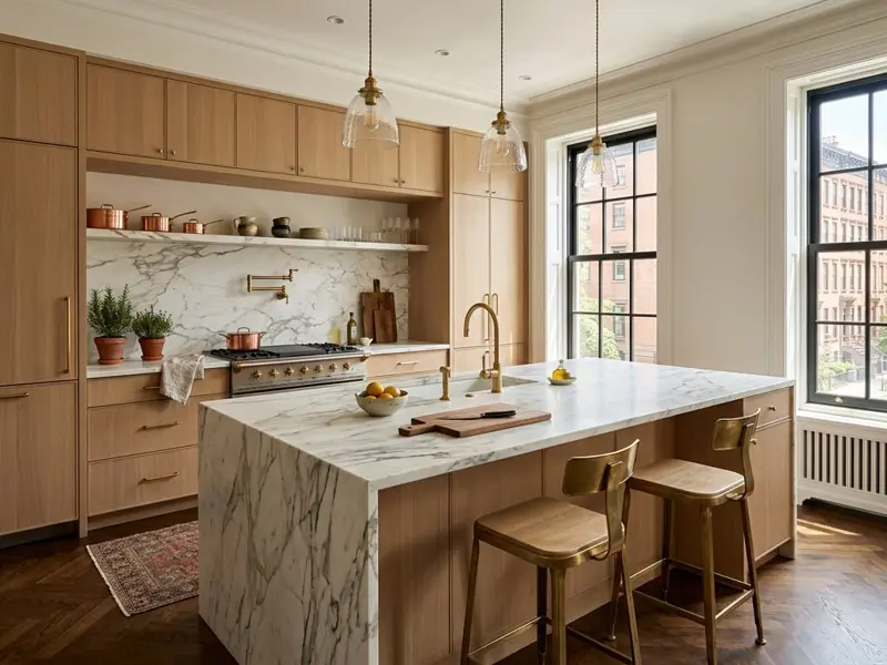 Remodeled kitchen with oak cabinetry, marble island, and tall pre-war windows
