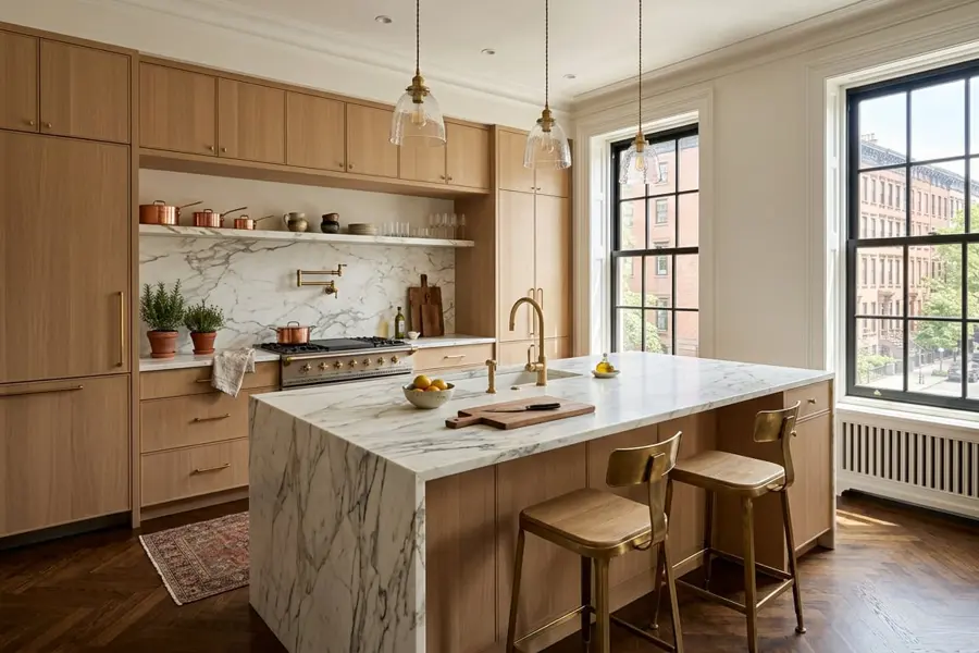 Remodeled kitchen with oak cabinetry, marble island, and tall pre-war windows