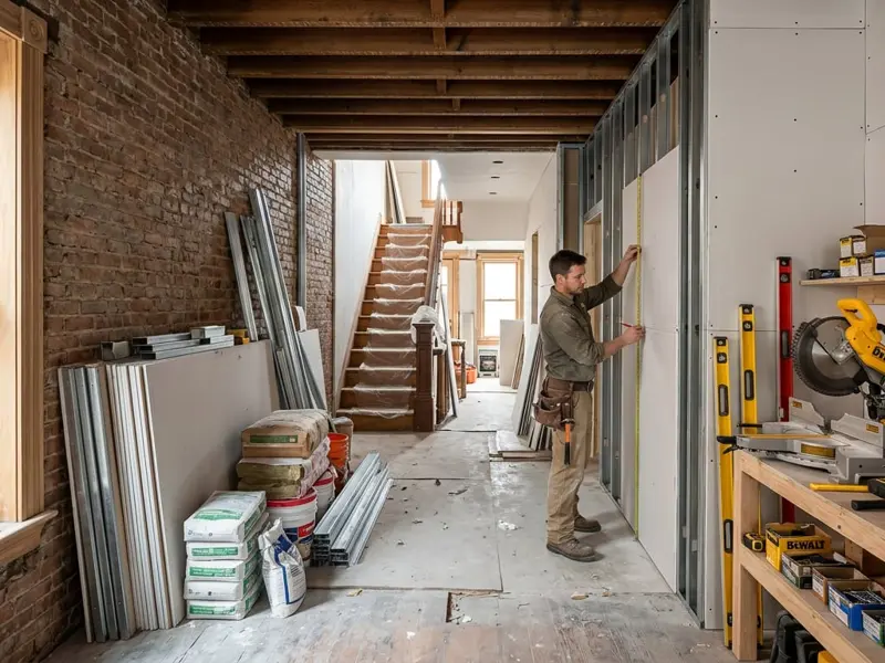 Brownstone interior under renovation with new metal stud framing, drywall, and exposed brick