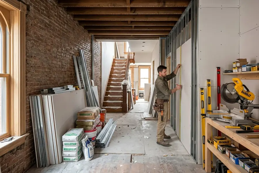 Brownstone interior under renovation with new metal stud framing, drywall, and exposed brick